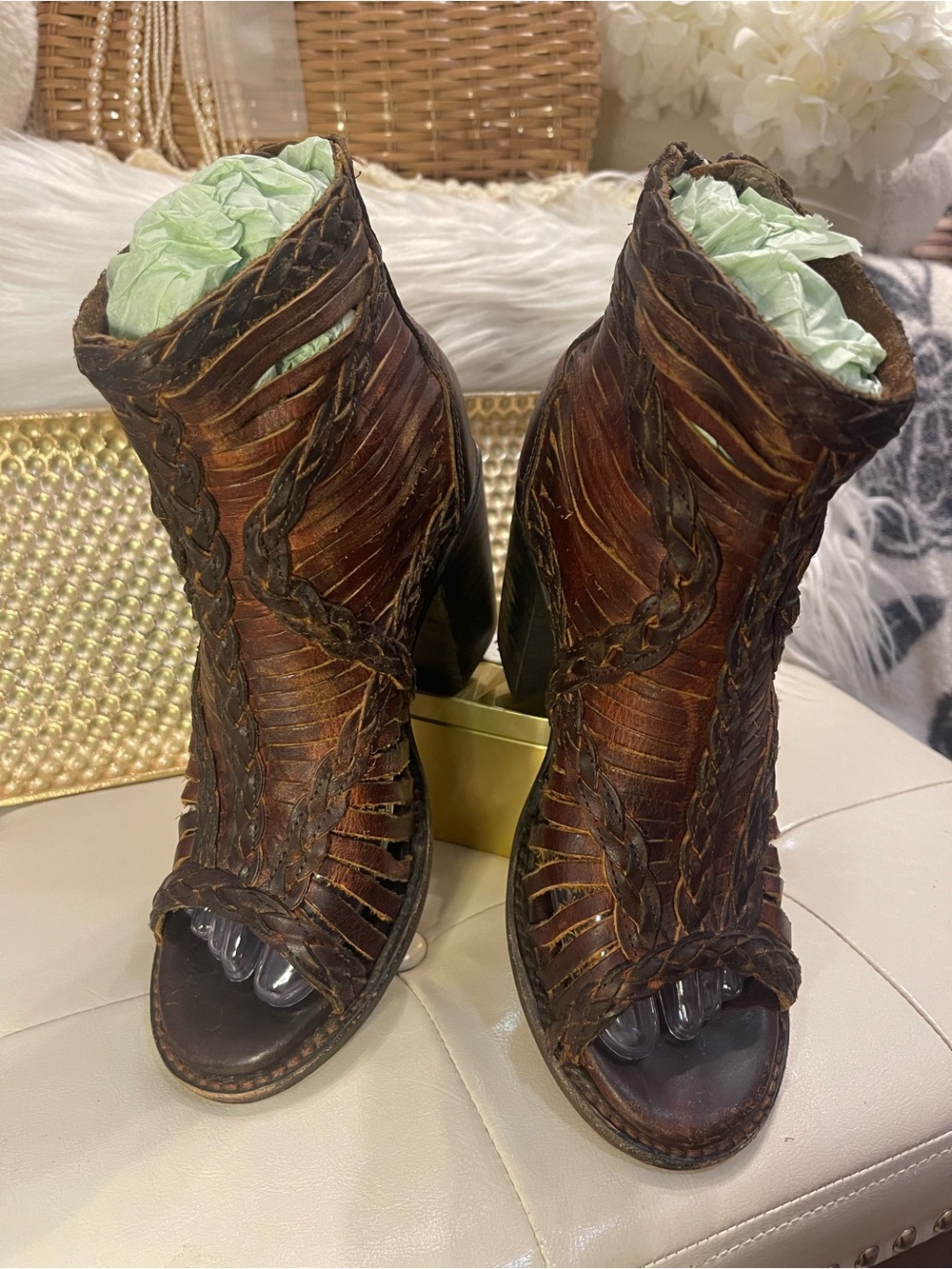 Freebird by Steven “Bela” Leather Open-Toe Bootie in Cognac Colorway